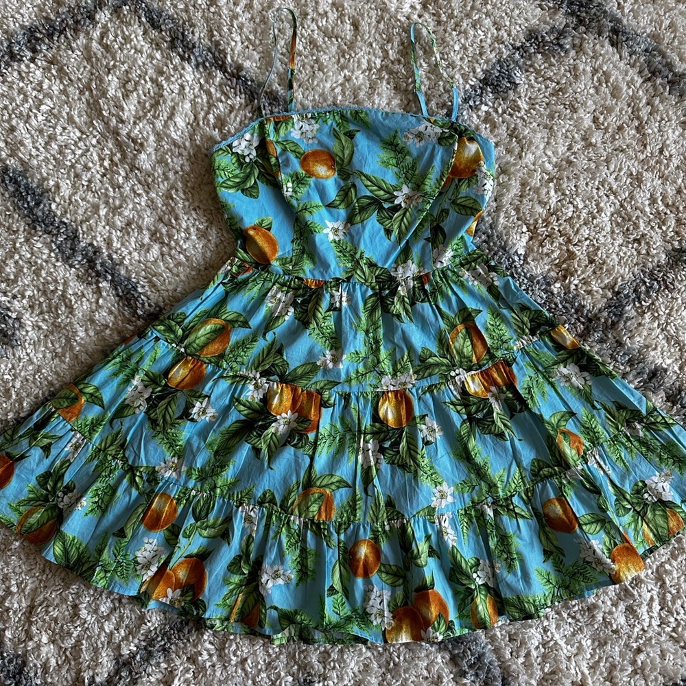 BB Dakota Steve Madden dress Sz 4 blue, orange citrus print tiered mini sundress